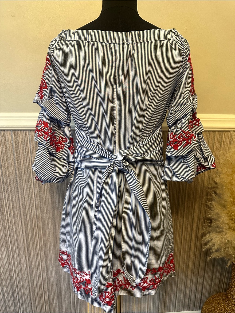 INC International Concepts Striped Embroidered Off Shoulder Dress Small Blue Red - Picture 11 of 11